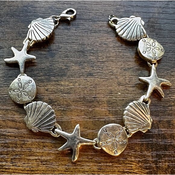 Vintage Silver Tone Bracelet Starfish Sea Shell Sand Dollar Beach Vacation 7" - Picture 1 of 7